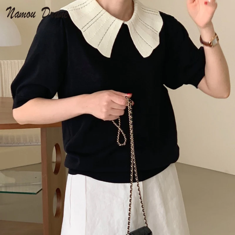 

Namou Drane Causal Thin Puff Sleeve Knitted Tops Women Korean Hit Color Peter Pan Collar Pullovers Summer Chic Knitwear 2021