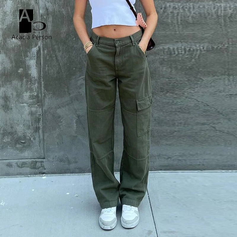 

Vintage Baggy Jeans Women'S Pockets Wide Leg Cargo Pants Streetwear Casual Low Waist Denim Straight Trousers 2022
