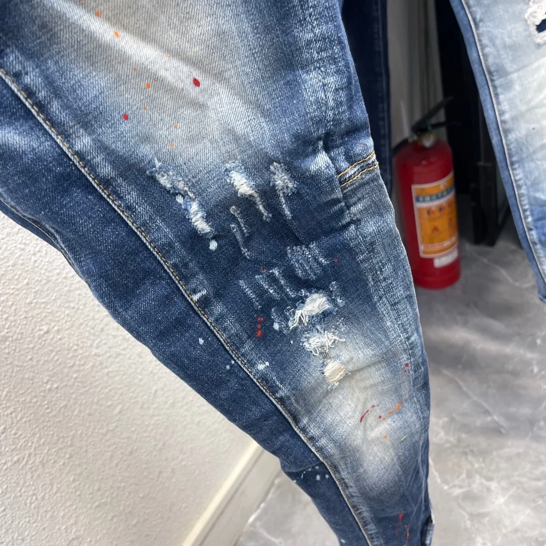2023 men's jeans with three-dimensional stitching, light color washed paint dots, slim fit, small feet slightly elastic, damp