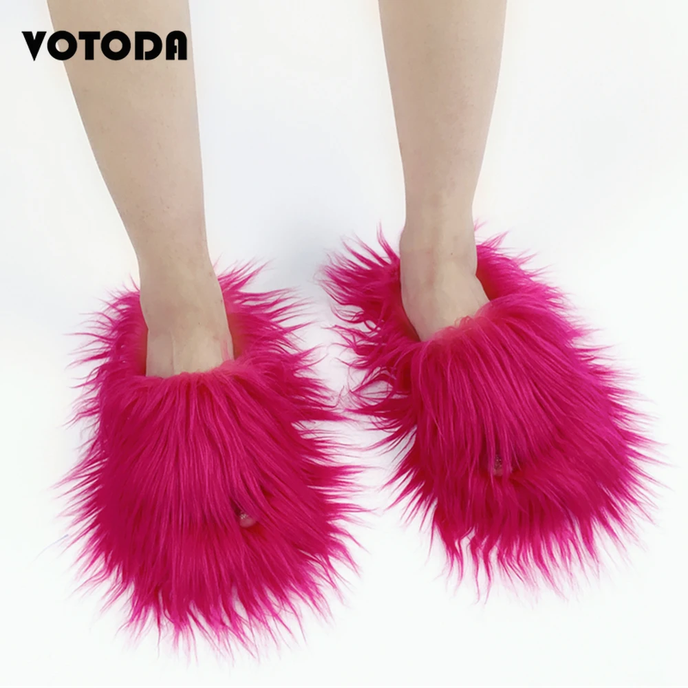 

New Winter Home Flat Plush Slippers Women Fashion Fake Fur Flip Flops Open Toe Mongolian Fur Slides Furry Shoes Slippers Mujer