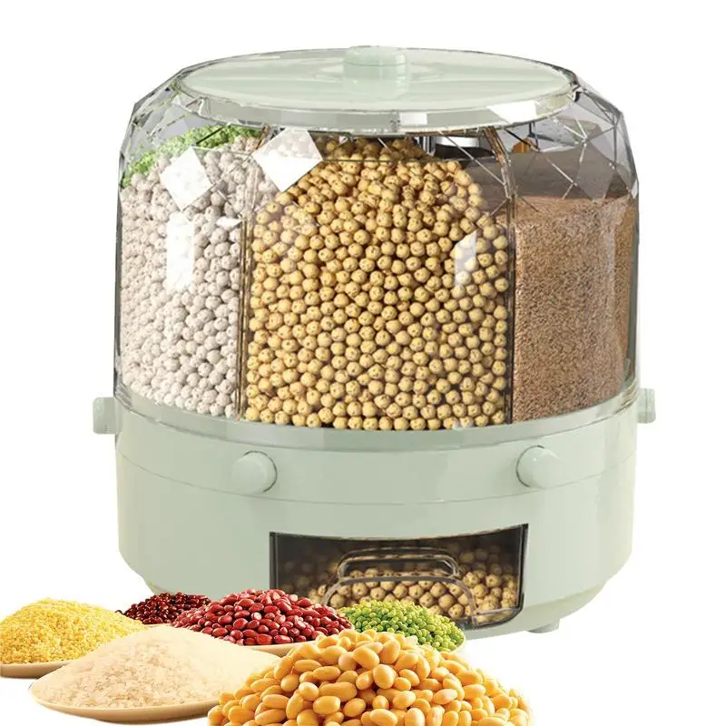 

Cereal Dispenser 6 Grids Rice Food Bucket Dispenser 360 Degrees Rotating Cutlery Bucket Cabinets Soybean Storage For Countertops