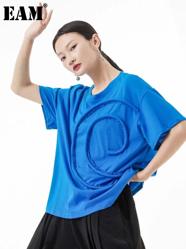 

[EAM] Women Blue Spliced Brief Bgi Size Casual T-shirt New Round Neck Short Sleeve Fashion Tide Spring Summer 2022 1DE9178