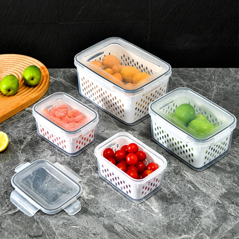 

Fridge Storage Box Refrigerator Fruit Vegetable Drain Baskets Fresh-Keeping Boxes With Lid Storage Containers Kitchen Organizer