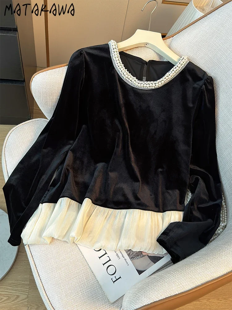 Бархатные блузки Matakawa с бисером милые женские рубашки контрастных цветов