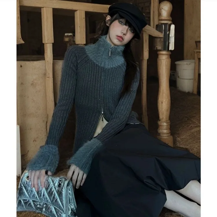 Женский трикотажный кардиган на двойной молнии свитер с высоким воротником и