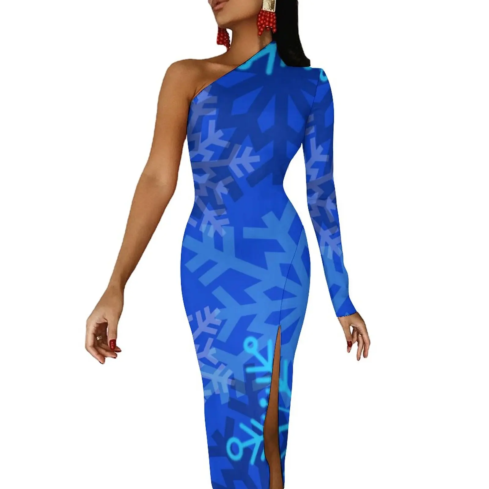 

Snowflake Layered Maxi Dress Long Sleeve Blue Print Club Bodycon Dress Spring Aesthetic Long Dresses Female Custom Vestidos