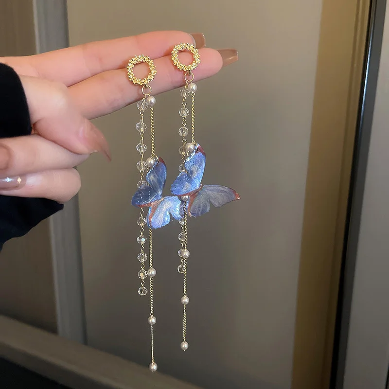

Korean Temperament Long Tassel Butterfly Drop Earrings Elegant Pearl Crystal Hanging Women's Earrings Fashion Jewelry Party Gift