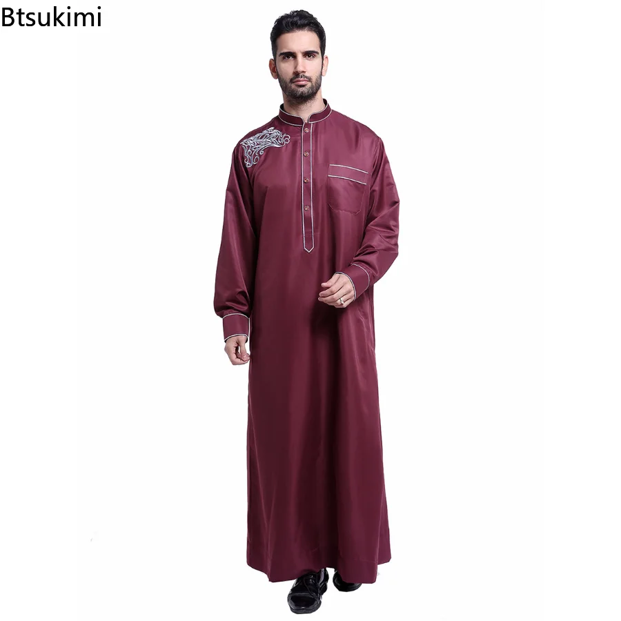 New Muslim Men Islamic Long Sleeves Ramadan Robe Stand Collar Embroidery Dubai Long Abaya Thobe Kaftan Thawb Costume Ethnic Robe