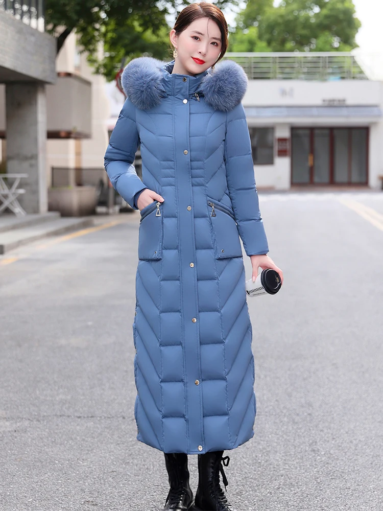 New Women Down Coat Winter Fashion Detachable Hooded Real Fox Fur Collar Thicken Warm Lengthened Down Jacket Slim Overcoat