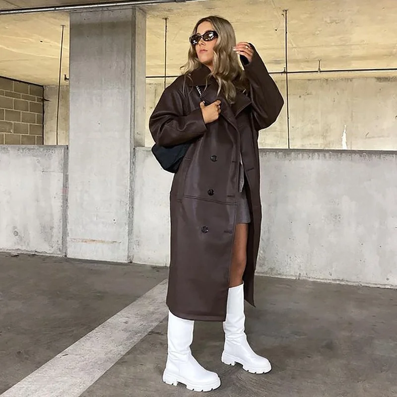 Windbreaker Stitching Women's Autumn/winter Brown PU Long Lapel Pocket Solid Color Single-breasted Jacket Jacket Female Trend