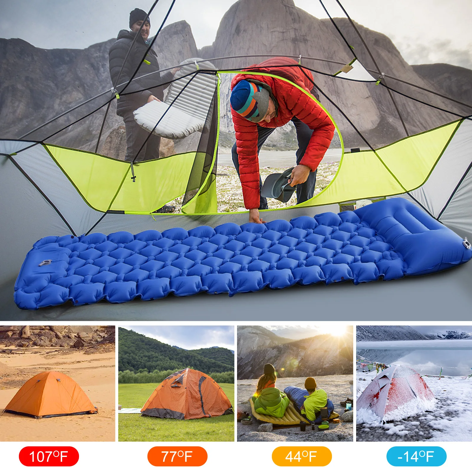 

Outdoor Camping Sleeping Pad Inflatable Mattress with Pillows Ultralight Air Mat Built-in Inflator Pump Travel Hiking Portable