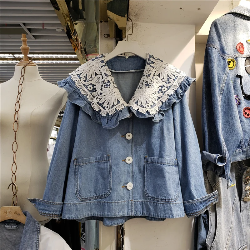 

Embroidery Peter Pan Collar Denim Jacket Women Vintage Blue Cowboy Outerwear Loose Casual Big Pocket Jeans Jacket Coat Female