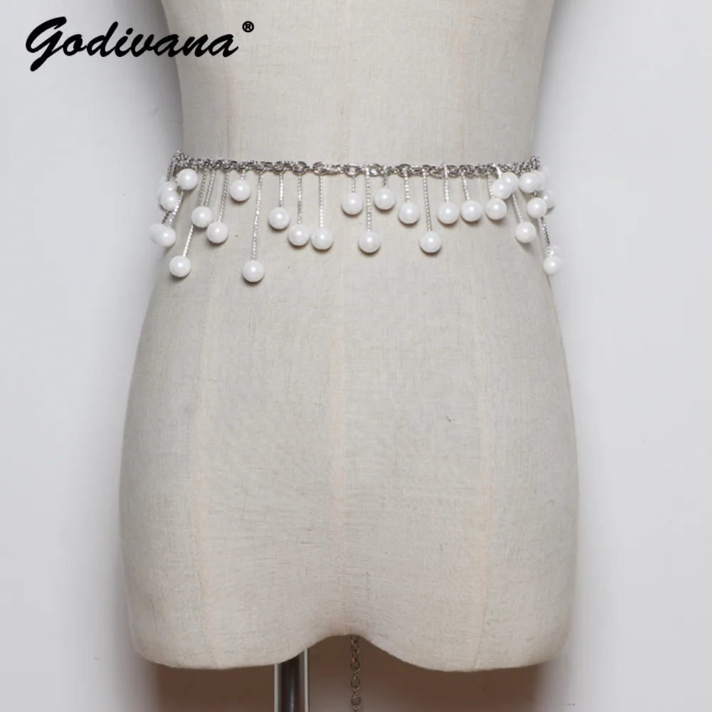 Women's Corset Pearl Belt Fine Tassels Waist Chain Waistbelt Decoration With Skirt Cool Ins Style Belt Waistband Accessories
