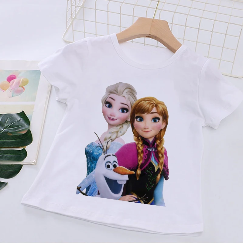 Frozen Anime Disney Elsa Anna Princess Cartoon Pattern 2022 Summer T-shirt Fashion Cute White Pink Short Sleeve Kids Girls Tees images - 6