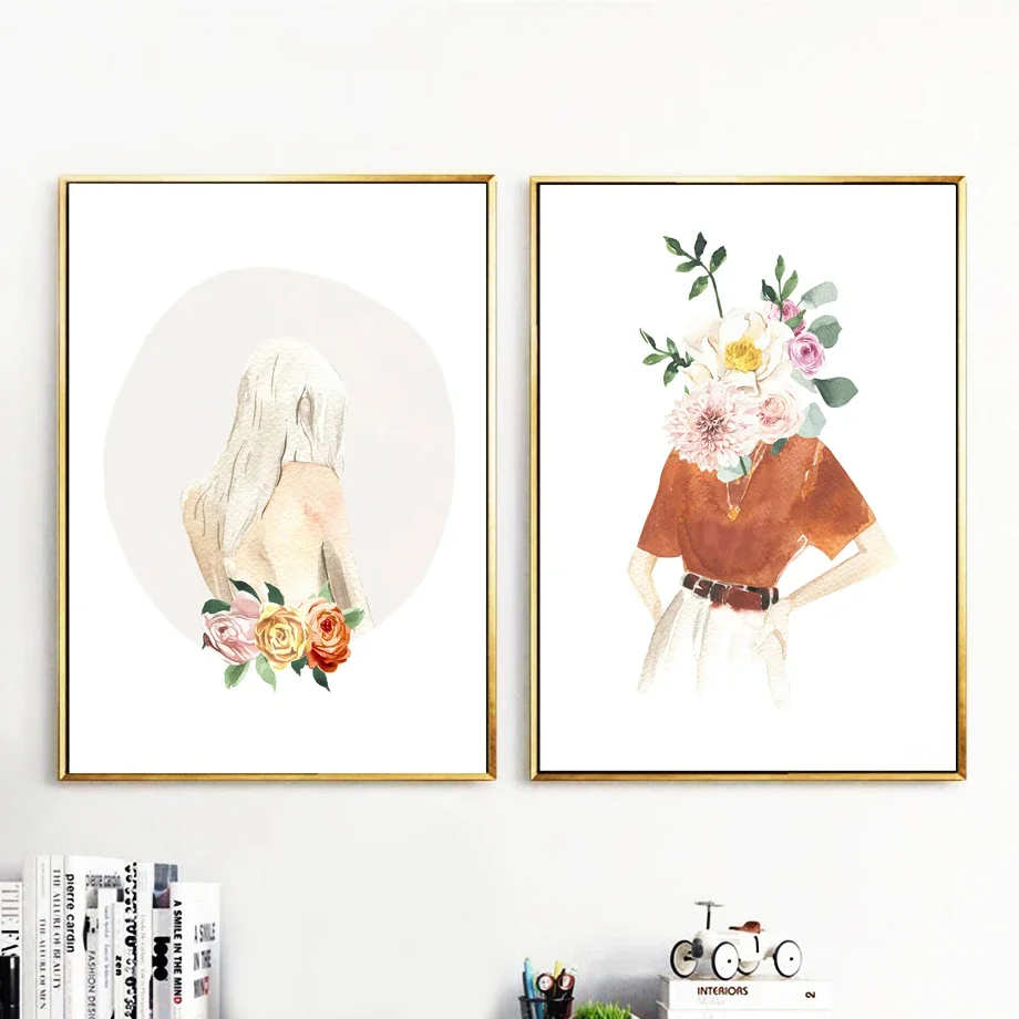 Цветочная девушка лицо линия абстрактная иллюстрация настенная живопись на