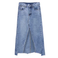 2021 new spring summer women vintage blue a line denim skirts pocket korean style high waist split mid calf jeans skirts