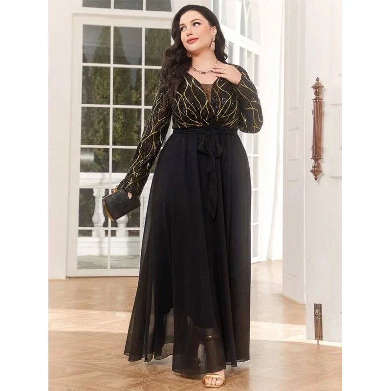Plus Size Black Shiny Chiffon Loose Luxury Evening Maxi Muslim Dress 4XL 5XL Party Banquet Black Elegant Muslim Dress Plus Size