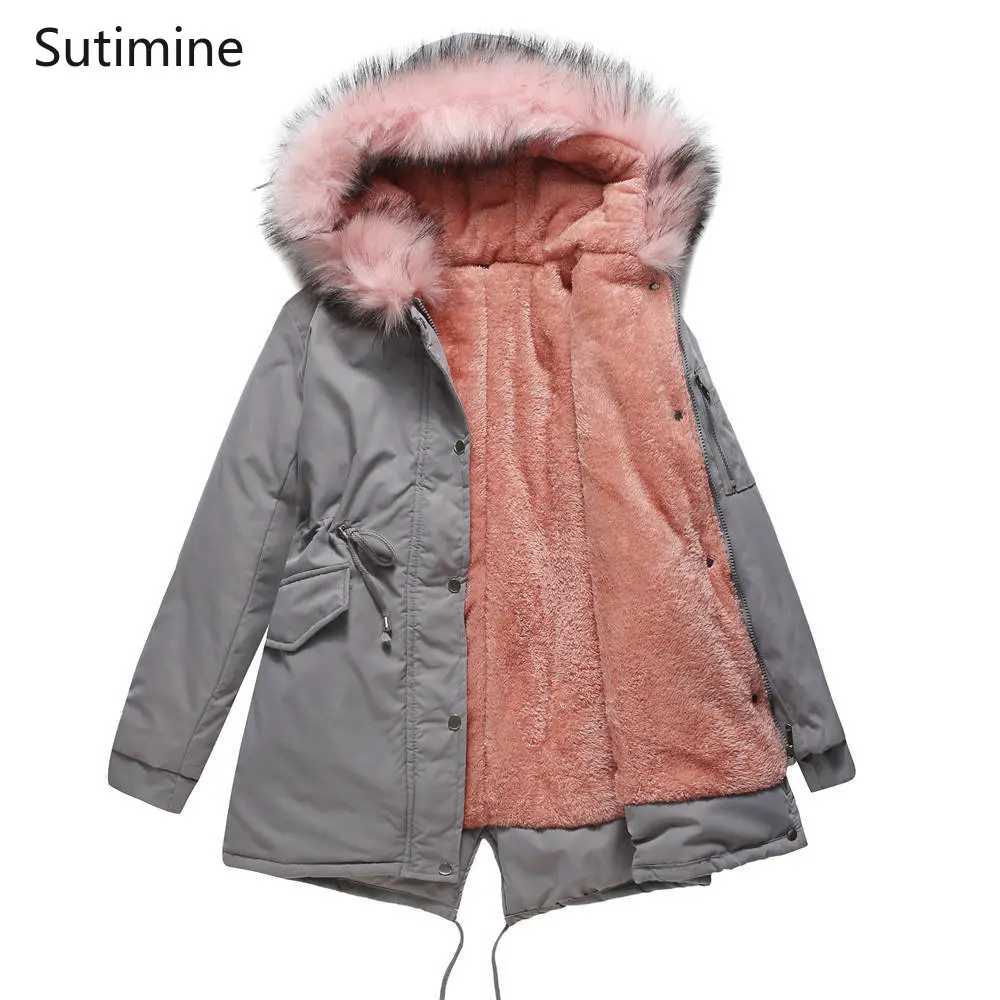 Winter Clothes Women Office Lady Flocking Hooded Winter Warm Plush Coat Cotton Jacket Button Pockets Loose Winter Clothes Women