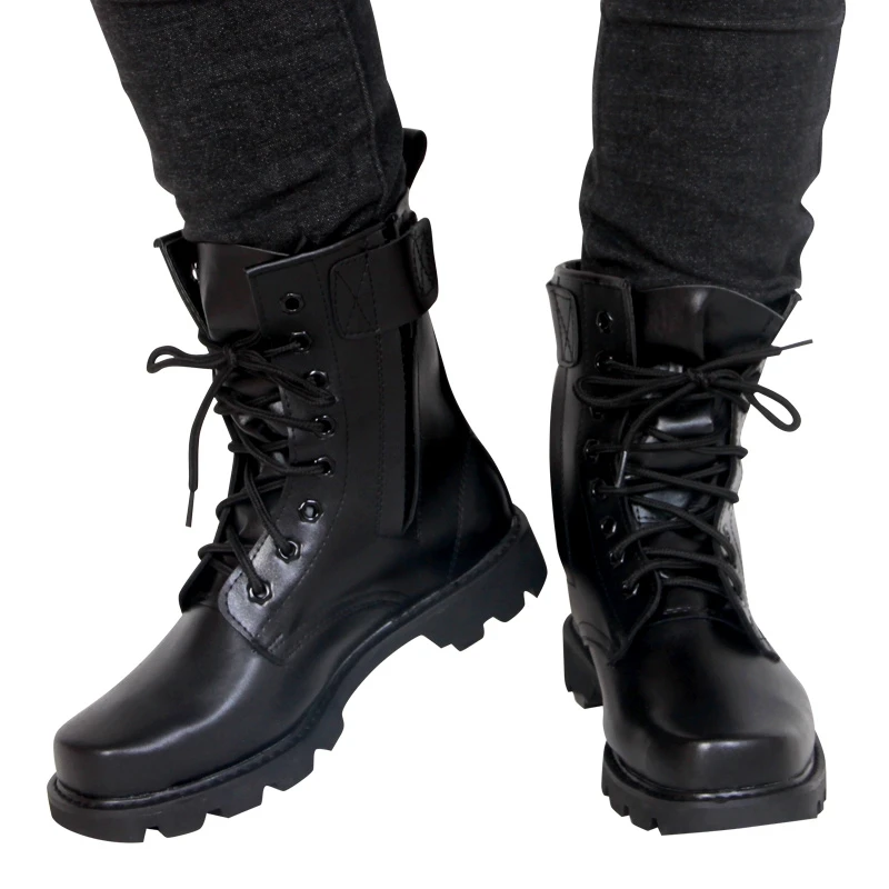 

Spring Fashion Lace-Up Black Ankle Thick Sole Biker Boots Steel Toe Anti-Slip Shock-absorbing Wear-Resistant Leather Shoes Men's