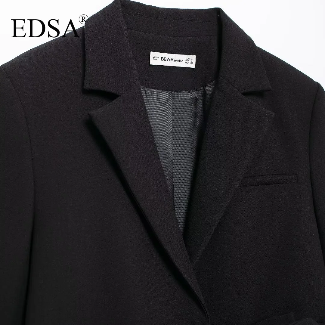 EDSA Женский Черный Короткий Пиджак С Завязками Зубчатый Воротник Длинные Рукава