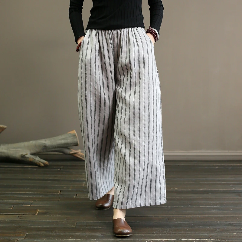 

Wide Leg Pants Women Striped Linen Trousers Spring Autumn Vintage Loose Female Clothing Pants Korean Style Casual Trousers 1899