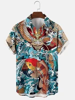 molilulu mens fashion clothing vintage koi fish and dragon gate myth print casual breathable short sleeve hawaiian shir