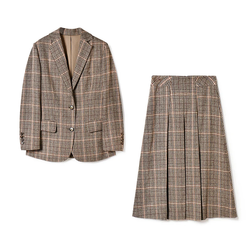 

Tweed Suits Women Three Pieces Set 39% Wool Worsted Plaid Elegant Design Suit +Pleated Skirt High Quality Sets New Fashion