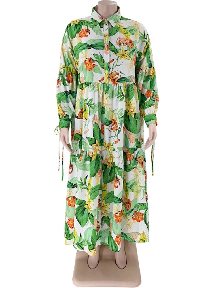 L-5XL Plus Size Blouse Maxi Dress For Women Summer 2023 Print Long Sleeve Casual Loose Party Dresses Robe Grande Taille Vestidos