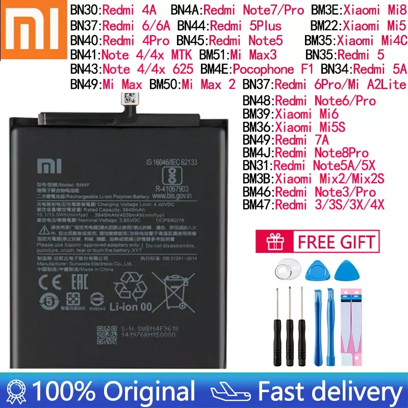 

NEW2023 Original Battery Mi Redmi Note Max Mix 2 3 3S 3X 4 4X 4A 5 5A 5S 5X M5 6 6A 7 7A 8 8T 9 9A M9 SE Pro Plus Lite batteries