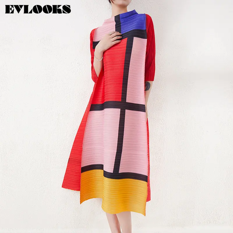 

EVLOOKS Issey Miyak Women Red Color-block Pleated Big Size Dress Elegant Stand Collar Half Sleeve Loose Spring Summer 2023 L344