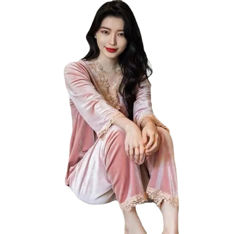 

Новая Золотая Бархатная Пижама, женские осенне-зимние кружевные пикантные брюки с длинным рукавом, повседневная одежда из двух предметов д...