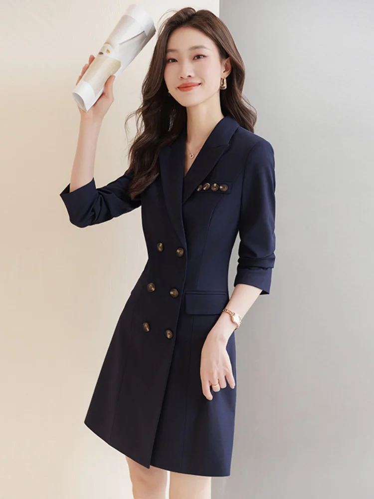 Женское офисное платье-блейзер элегантное двубортное черное платье в Корейском