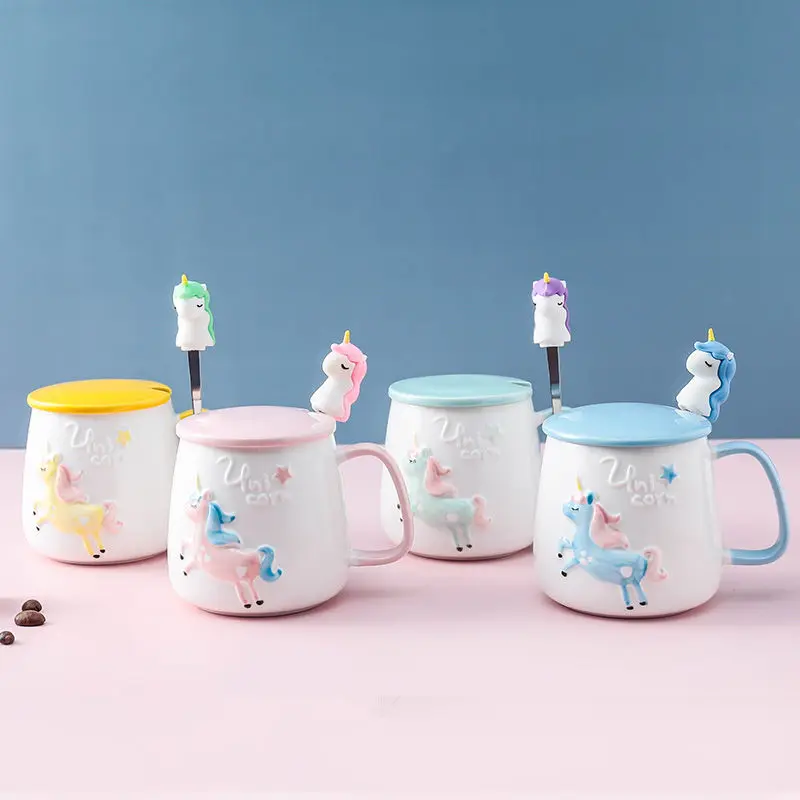 

Cute Unicorn Ceramic Coffee Mug with Lid Spoon Personalized Drinking Breakfast Water Milk Cup Gift for Girls Pink