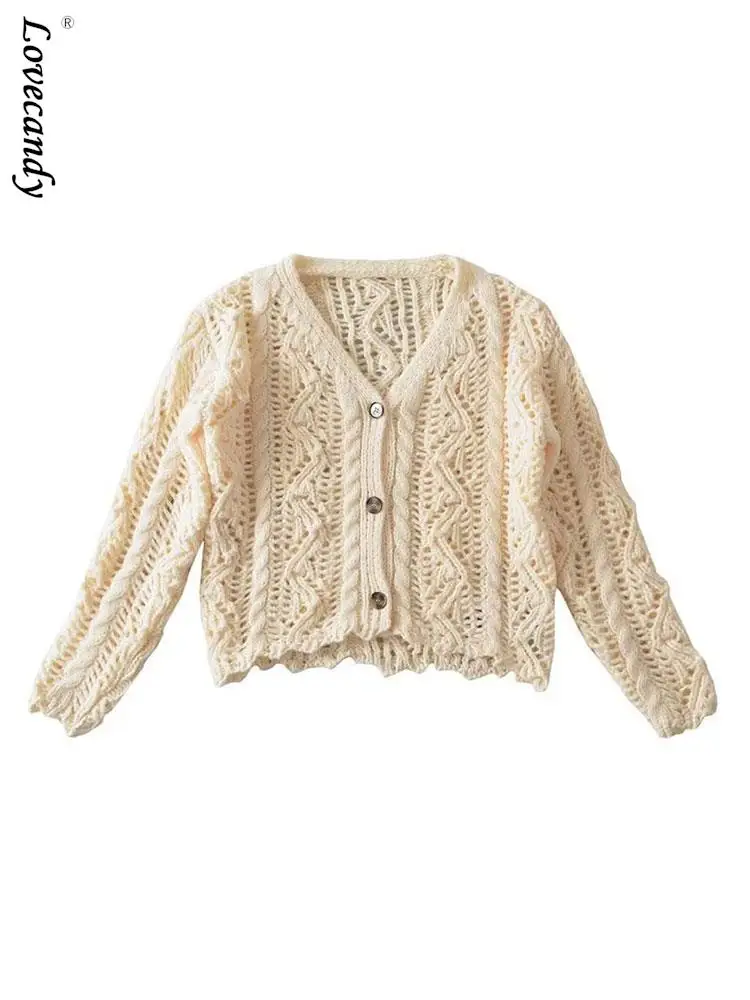

Women Elegant V-neck Single-breasted Textured Knit Cardigan Female Sweet Stylish Long Sleeve Sweater Lady Crochet Cardigans