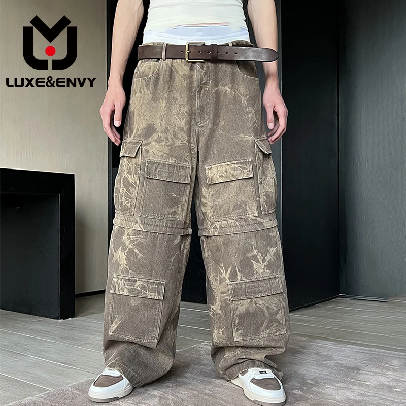 

LUXE&ENVY Men's Wide Leg Overalls Summer Trendy Washed Vintage Dyed Street Pocket Straight Work Suit 2023 New Pants