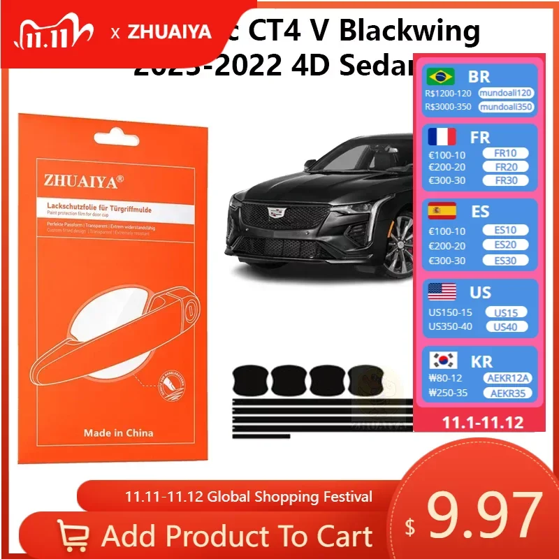 

Защитная пленка ZHUAIYA для красок дверной ручки, ТПУ PPF для Cadillac CT4 V Blackwing 2023-2022 4D Sedan