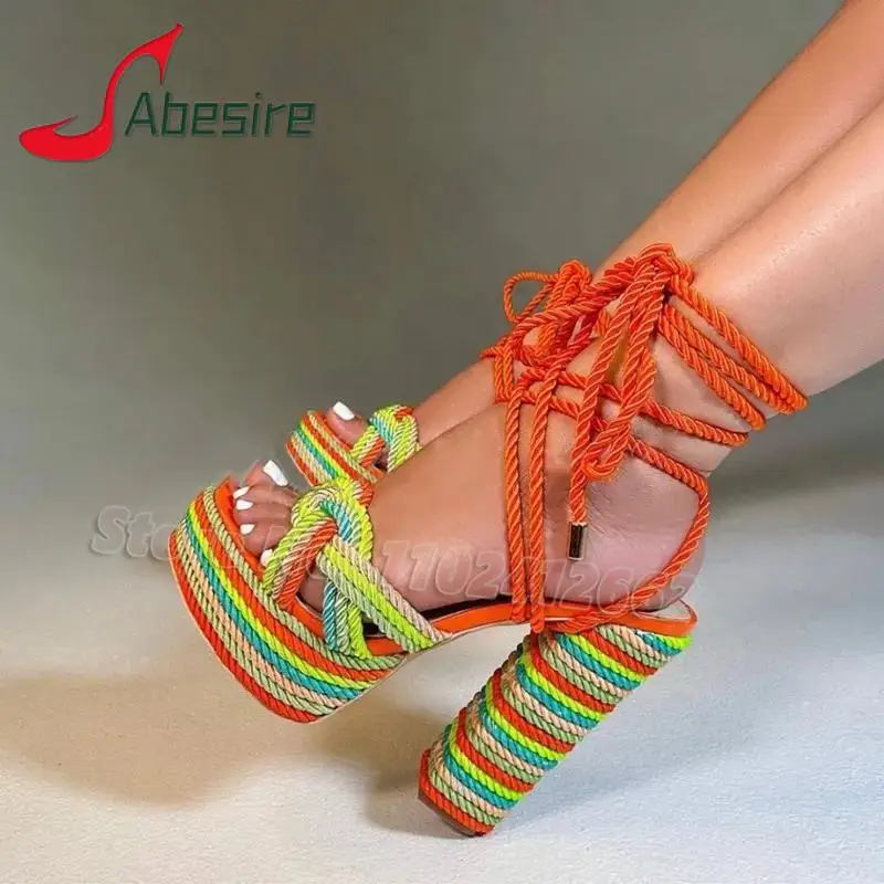 

Rainbow Colors Platform Women Sandals Fashion Open Toe Ankle Strap Chunky Heel Espadrilles Summer Party Casual Gladiator Shoes