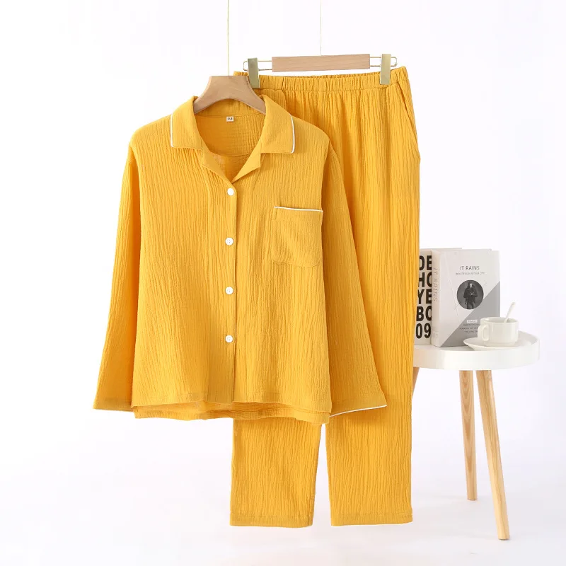 Solid Color Breathable Pajamas Set For Women 100% Washed Crepe Cotton Pyjamas Thin Spring Summer Homewear Sleepwear Loungewear