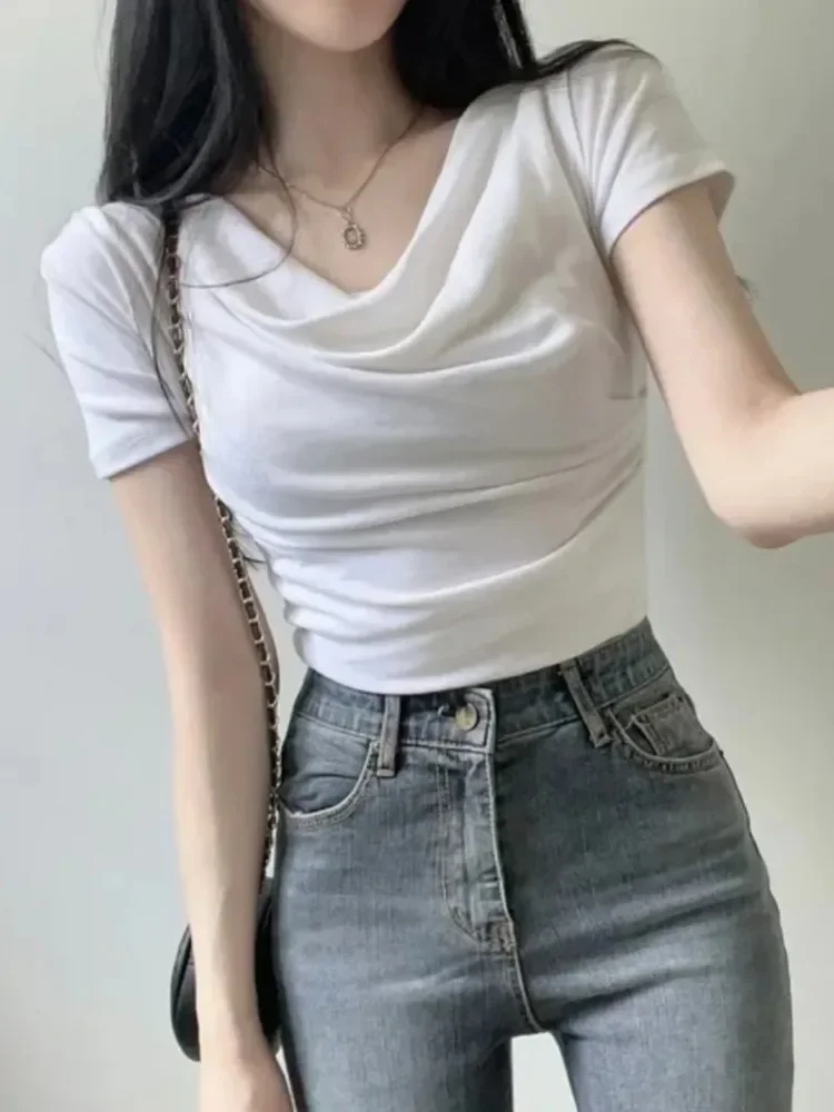 Корейский эластичный пикантный короткий топ с короткими рукавами женская модная