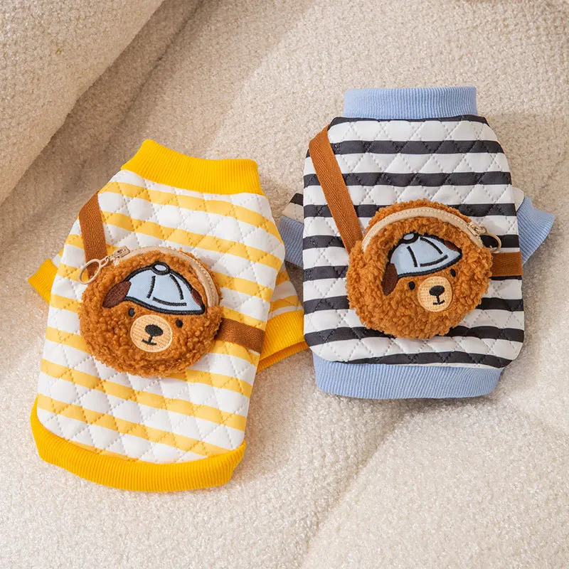 Cute Satchel Dog Clothes Autumn and Winter Pet Teddy Pullover Small Dog Feet Fashion Striped Dog Clothes