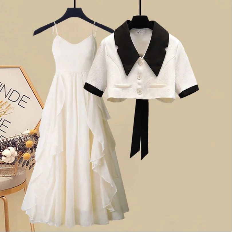 Summer Set for Women 2023 New Style Wear with Age Reducing Short Sleeve Top for Slim and Versatile Strap Dress Two Piece Set