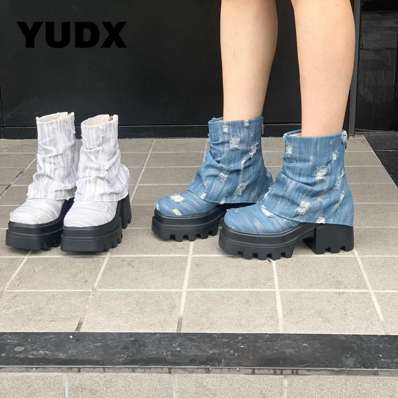 

Women Denim Canvas Punk Motorcycle Ankle Boots Ladies Thick Heels Women 2023 New Chunky Goth Pumps Female Shoes Designer Slip On