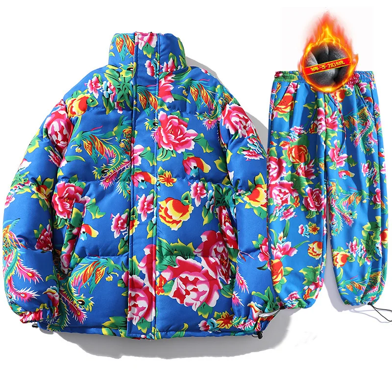 Men's Winter Cotton Padded Jacket Ethnic Style Cotton Jacket Inner Fleece Pants Chinese Style Northeast Blossom Cloth