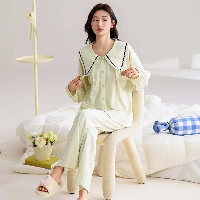 Женский осенне-зимний шелковый хлопковый пижамный комплект с v-образным вырезом