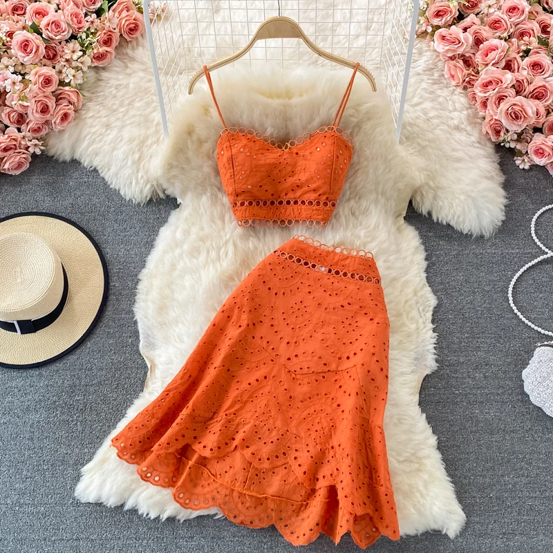 

Summer Elegant Casual Fashion Skirts Suit Women Hallow Out Sleeveless Tanks Tops A-Line Saya Two Pieces Set Female Outfits