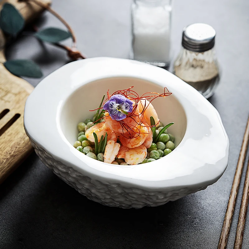 

Irregular Ceramic Cuisine Bowl Food Tray Sushi Plate White Egg Shape Warm-Keeping Restaurant Dinnerware Food Decoration Ware
