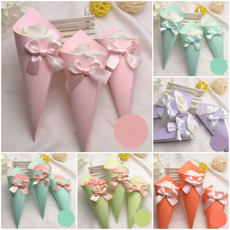 

100 x Pink / Purple / Blue / Orange / Green Ice Cream Cones Rose Flowers Wedding Favors Candy Boxes Party Gifts Box