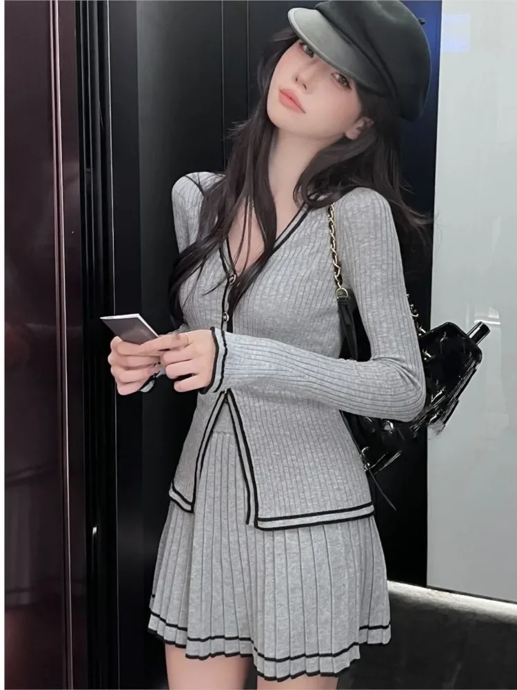 

Elegant Knitted Two-piece Set Women Single Breasted V-neck Cardigan + Mini Pleated Skirt Autumn Spring Y2K Slim Fit Outfits 2023