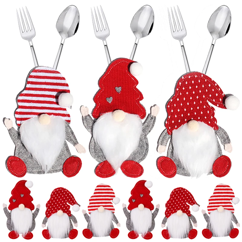 

Christmas Cutlery Holder Bags Xmas Caps Santa Claus Snowflake Knife Fork Cover Set Party Dinner Table Tableware Decor Supplies