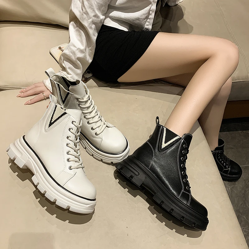 Women's flat women's shoes autumn and winter 2022 new casual white lace-up fashion vulcanized leather women's boots nude boots